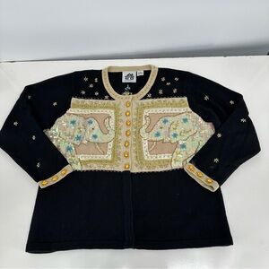 Storybook Knits Black Exotic Sequin Elephant Cardigan Sweater 1X
